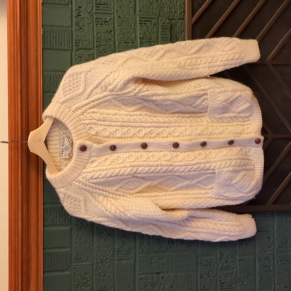 Vintage Handknit Wool Aran Cable Sweater Cardigan